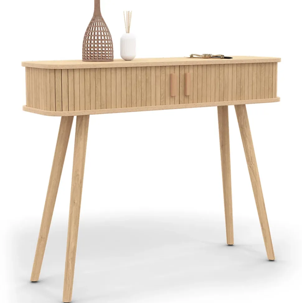 Console 2 portes coulissantes ROMIE lattes tasseau bois coloris chêne