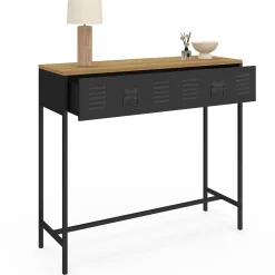 Console 1 tiroir ESTER métal noir plateau bois design industriel