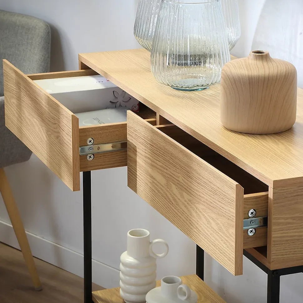 Console 2 Tiroirs 1 Tablette Décor Bois L100 cm - TESSA
