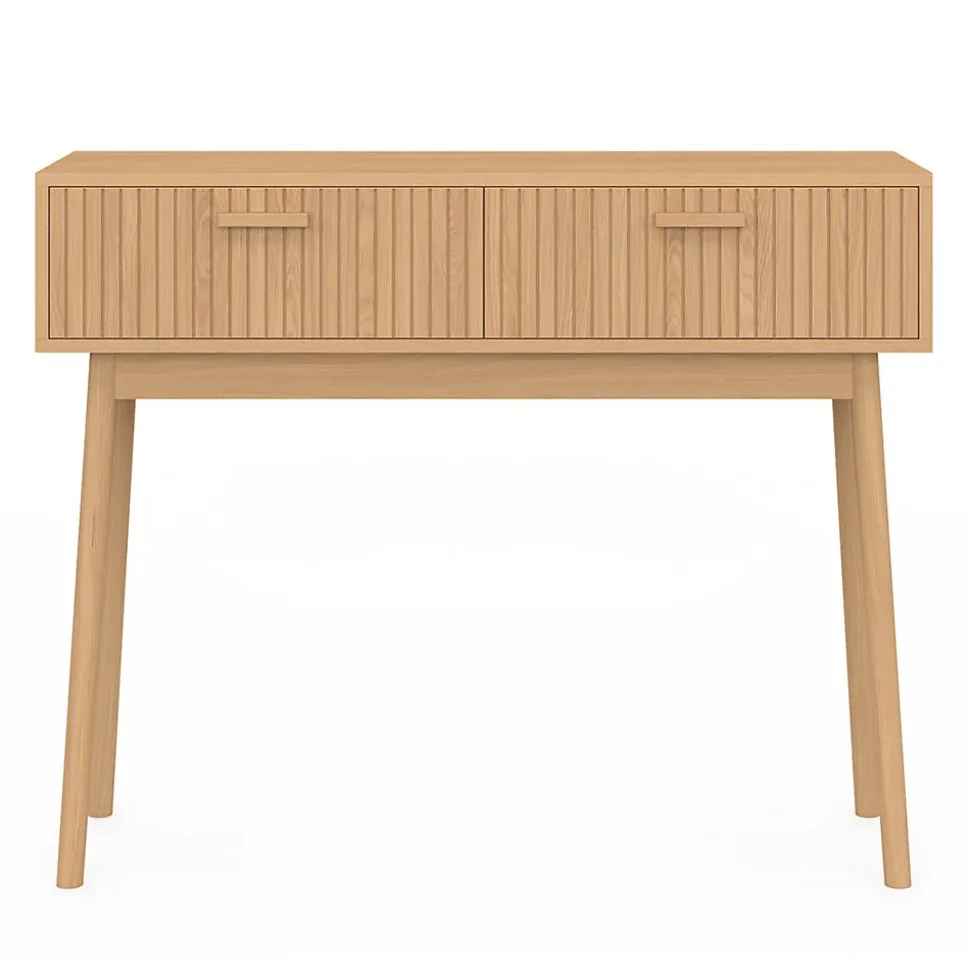 Console 2 tiroirs JULIETTE lattes tasseau bois coloris chêne