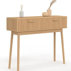Console 2 tiroirs JULIETTE lattes tasseau bois coloris chêne