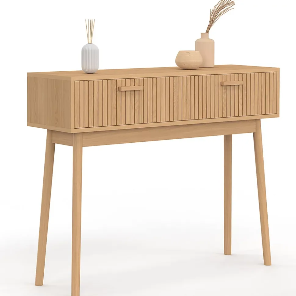 Console 2 tiroirs JULIETTE lattes tasseau bois coloris chêne