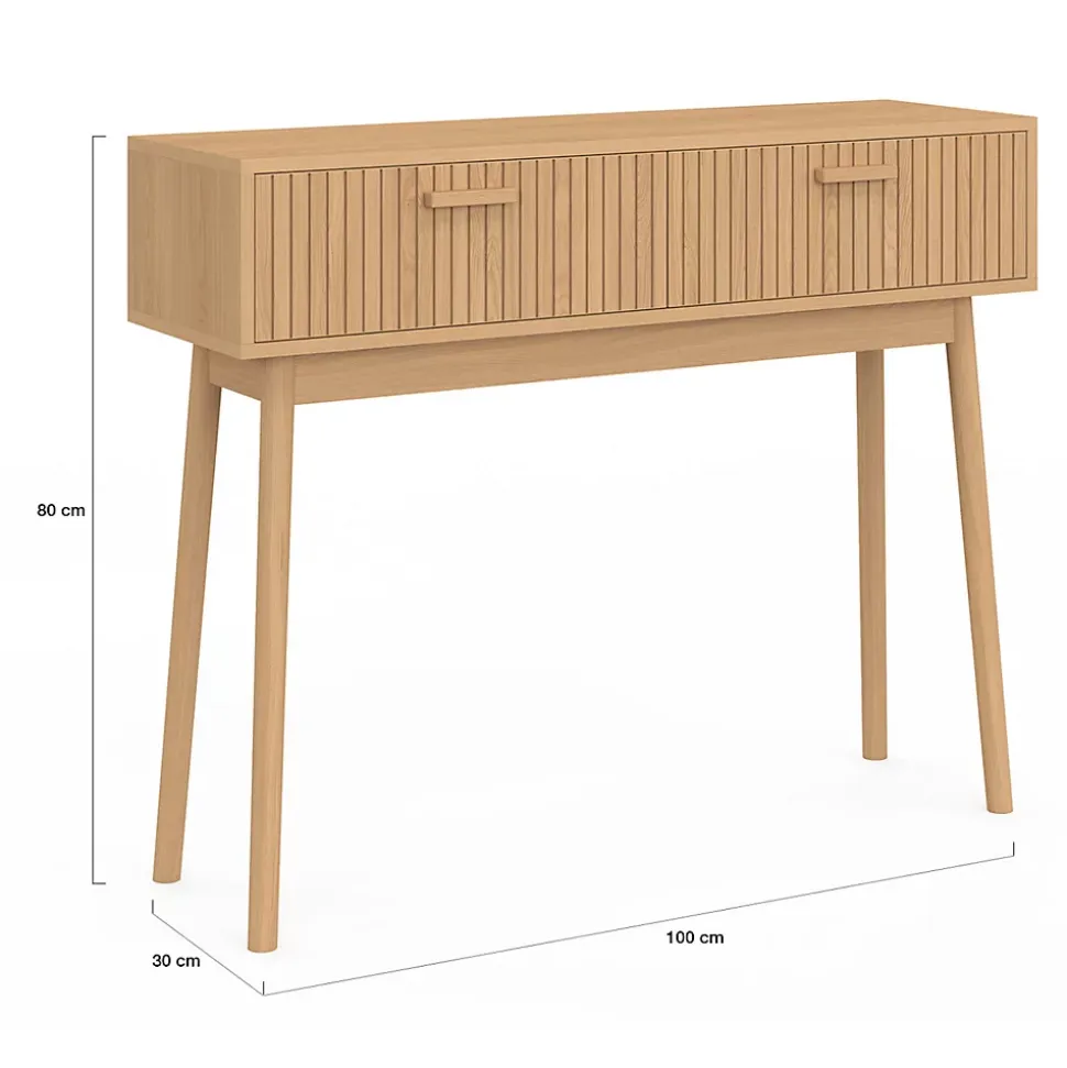 Console 2 tiroirs JULIETTE lattes tasseau bois coloris chêne