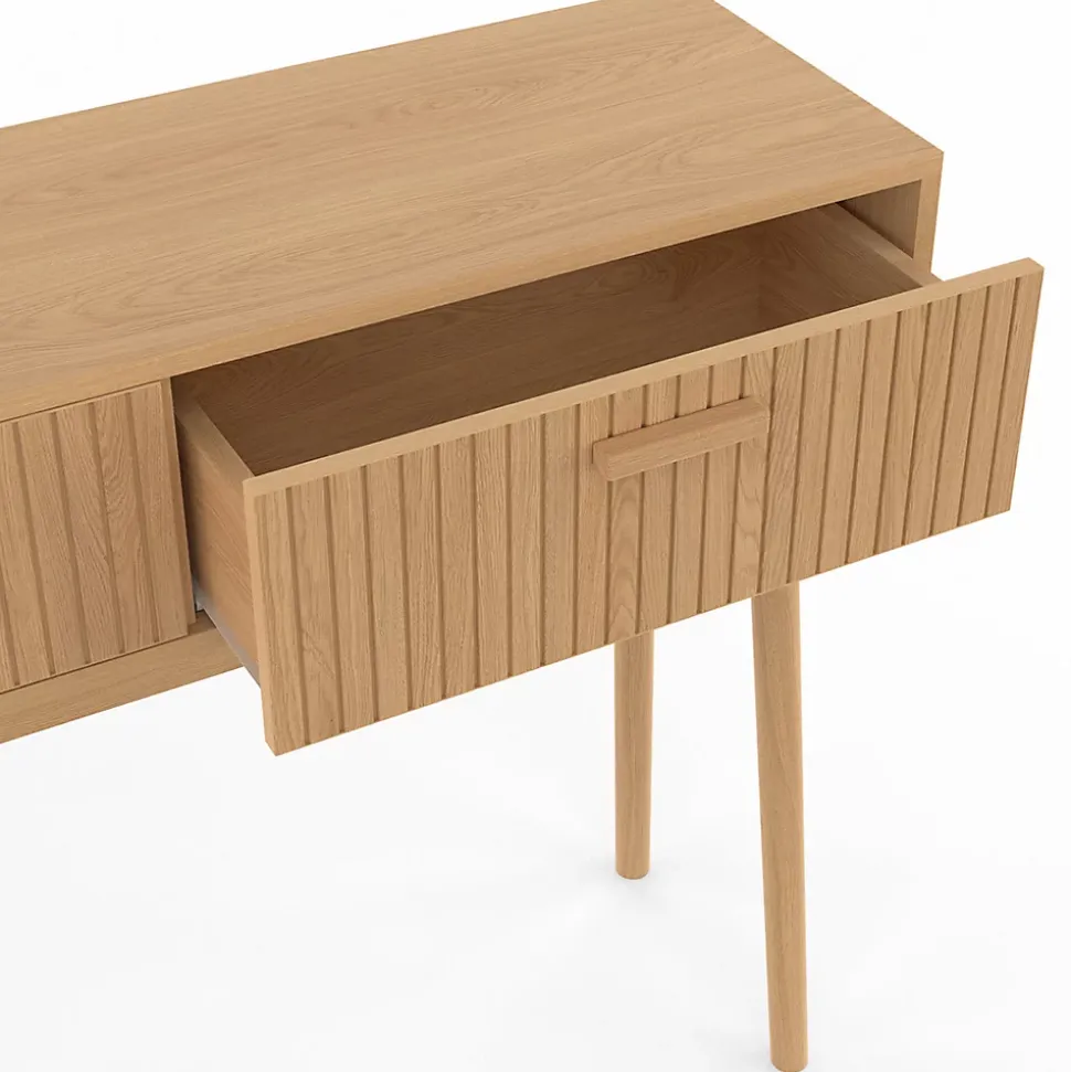 Console 2 tiroirs JULIETTE lattes tasseau bois coloris chêne