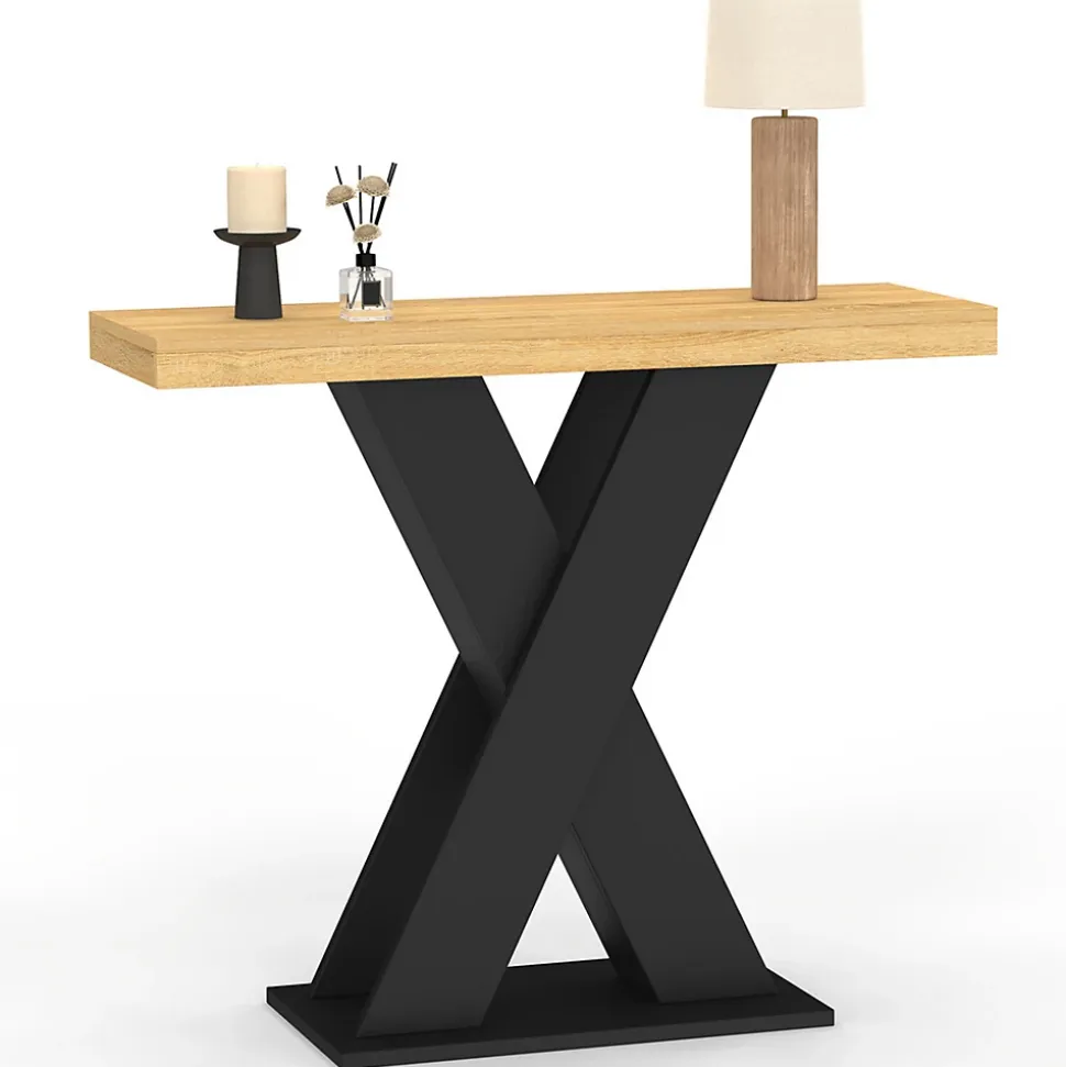 Console ALICIA plateau bois et pied X noir