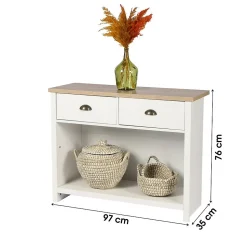 Console avec 1 étagère et 2 tiroirs design colonial 97x35xH76 cm, coloris blanc et plateau chene clair Collection MADERA