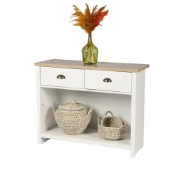 Console avec 1 étagère et 2 tiroirs design colonial 97x35xH76 cm, coloris blanc et plateau chene clair Collection MADERA