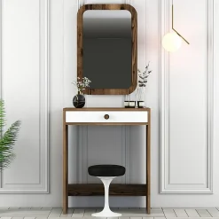 Console Baunei, Table polyvalente, Armoire de rangement, Bureau du couloir, 70x85 h40 cm, Noyer et Blanc