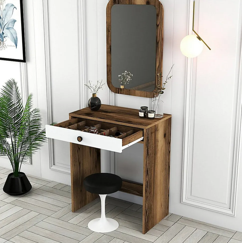 Console Baunei, Table polyvalente, Armoire de rangement, Bureau du couloir, 70x85 h40 cm, Noyer et Blanc