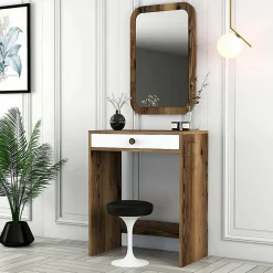 Console Baunei, Table polyvalente, Armoire de rangement, Bureau du couloir, 70x85 h40 cm, Noyer et Blanc