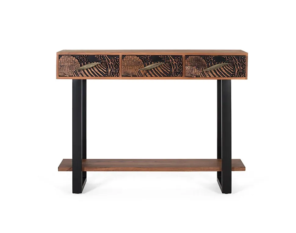 Console bois d'acacia teint naturelle et métal