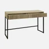 Console contemporaine avec 2 tiroirs en décor bois rainuré. structure et piètement en métal noir
