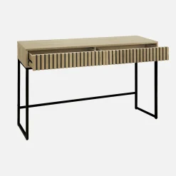 Console contemporaine avec 2 tiroirs en décor bois rainuré. structure et piètement en métal noir