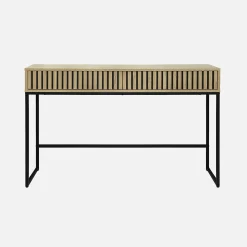 Console contemporaine avec 2 tiroirs en décor bois rainuré. structure et piètement en métal noir