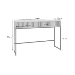 Console contemporaine avec 2 tiroirs en décor bois rainuré. structure et piètement en métal noir