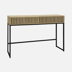 Console contemporaine avec 2 tiroirs en décor bois rainuré. structure et piètement en métal noir