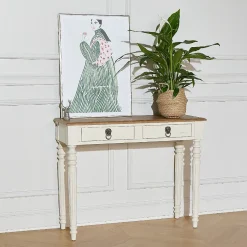 Console d'entrée ANGLOIS Style shabby chic, plateau en chêne, patine blanche ou noire