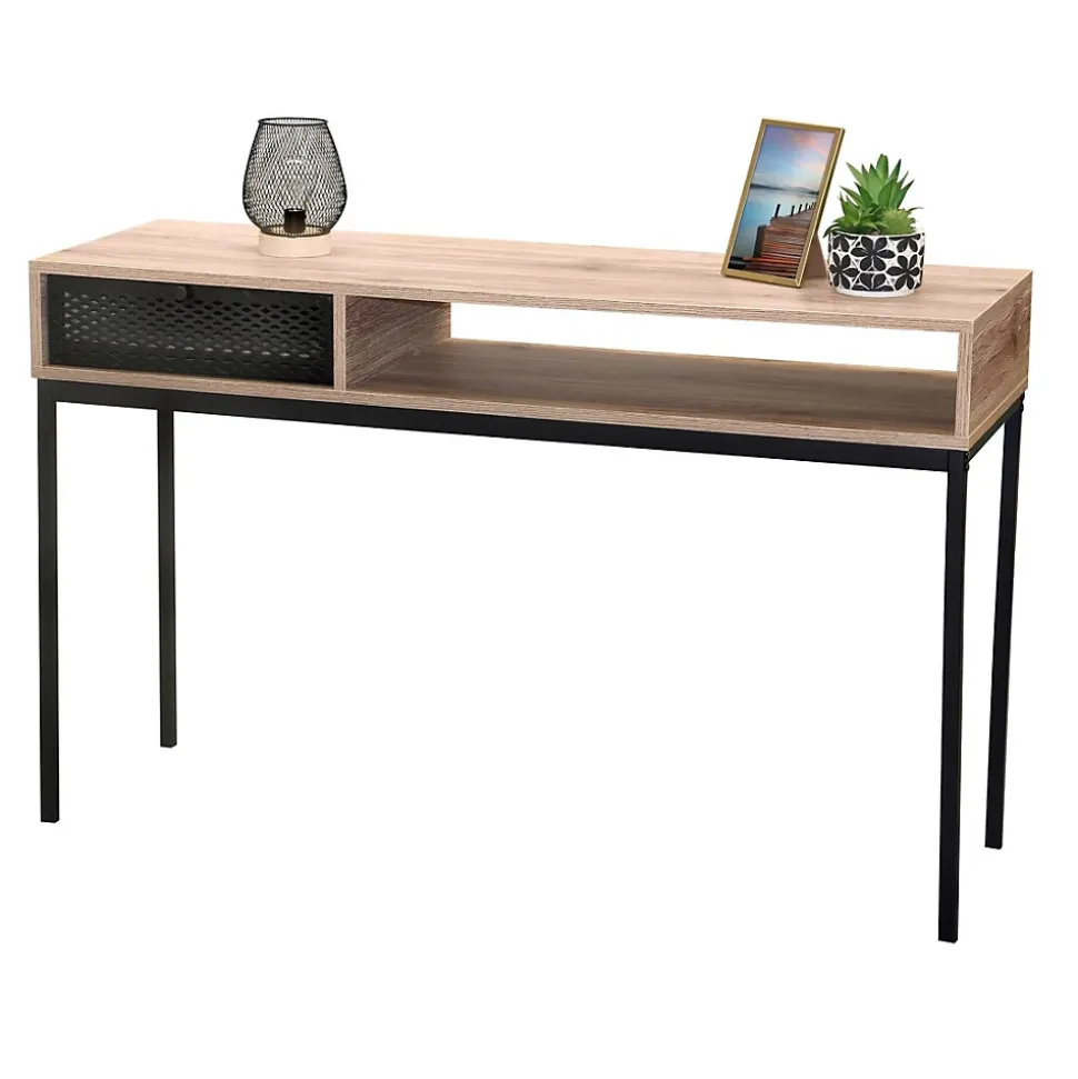 Console dentrée style classique Un tiroir et une niche, coloris chene vieilli, dimensions 120x39x75 cm Collection METALIX