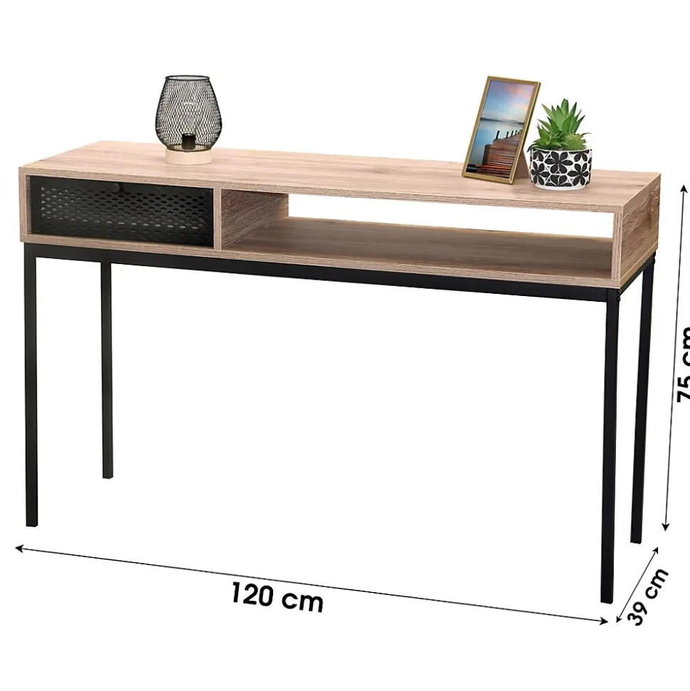 Console dentrée style classique Un tiroir et une niche, coloris chene vieilli, dimensions 120x39x75 cm Collection METALIX