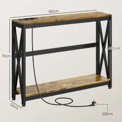 Console d'entrée style industriel 2 niveaux - prises de courant et USB intégrées - dim. 100 x 24 x 75 cm - acier noir effet bois