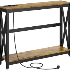 Console d'entrée style industriel 2 niveaux - prises de courant et USB intégrées - dim. 100 x 24 x 75 cm - acier noir effet bois