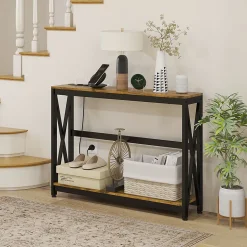 Console d'entrée style industriel 2 niveaux - prises de courant et USB intégrées - dim. 100 x 24 x 75 cm - acier noir effet bois