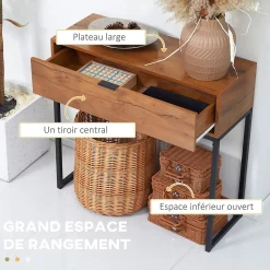 Console design - grand tiroir - dim. 80 x 30 x 76 cm - acier noir effet bois noyer
