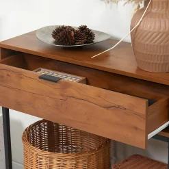 Console design - grand tiroir - dim. 80 x 30 x 76 cm - acier noir effet bois noyer