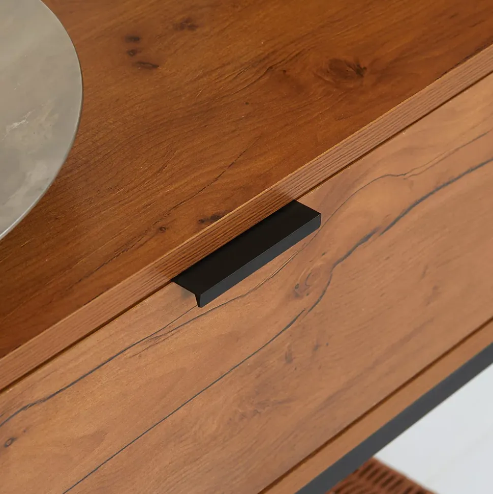 Console design - grand tiroir - dim. 80 x 30 x 76 cm - acier noir effet bois noyer