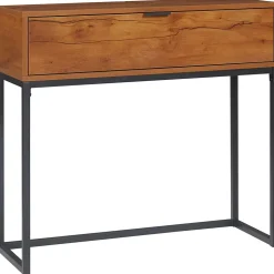 Console design - grand tiroir - dim. 80 x 30 x 76 cm - acier noir effet bois noyer
