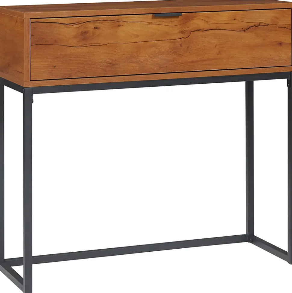 Console design - grand tiroir - dim. 80 x 30 x 76 cm - acier noir effet bois noyer