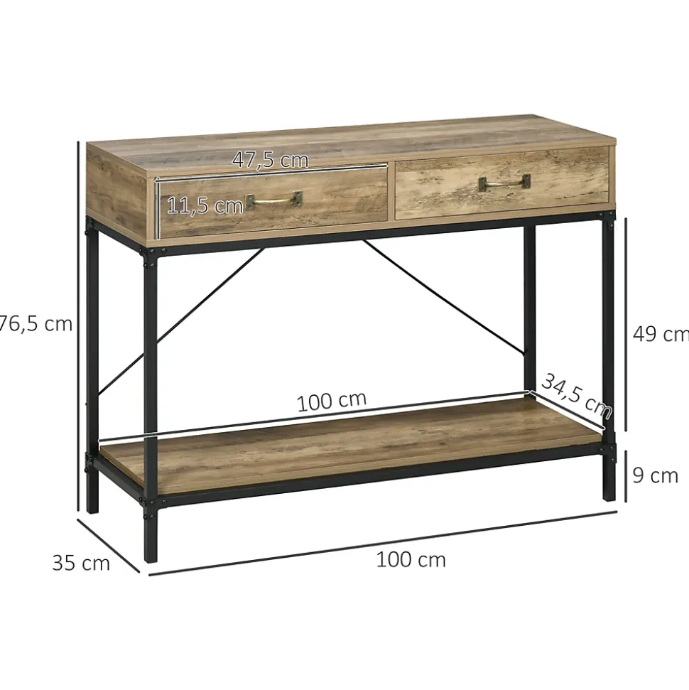 Console design industriel dim. 100L x 35l x 76H cm 2 tiroirs poignées laiton vieilli étagère métal noir aspect bois veinage
