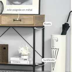 Console design industriel dim. 100L x 35l x 76H cm 2 tiroirs poignées laiton vieilli étagère métal noir aspect bois veinage
