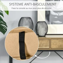 Console design industriel dim. 100L x 35l x 76H cm 2 tiroirs poignées laiton vieilli étagère métal noir aspect bois veinage