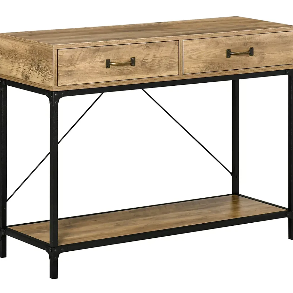 Console design industriel dim. 100L x 35l x 76H cm 2 tiroirs poignées laiton vieilli étagère métal noir aspect bois veinage