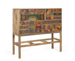 Console en bois de manguier massif avec détails peints à la main