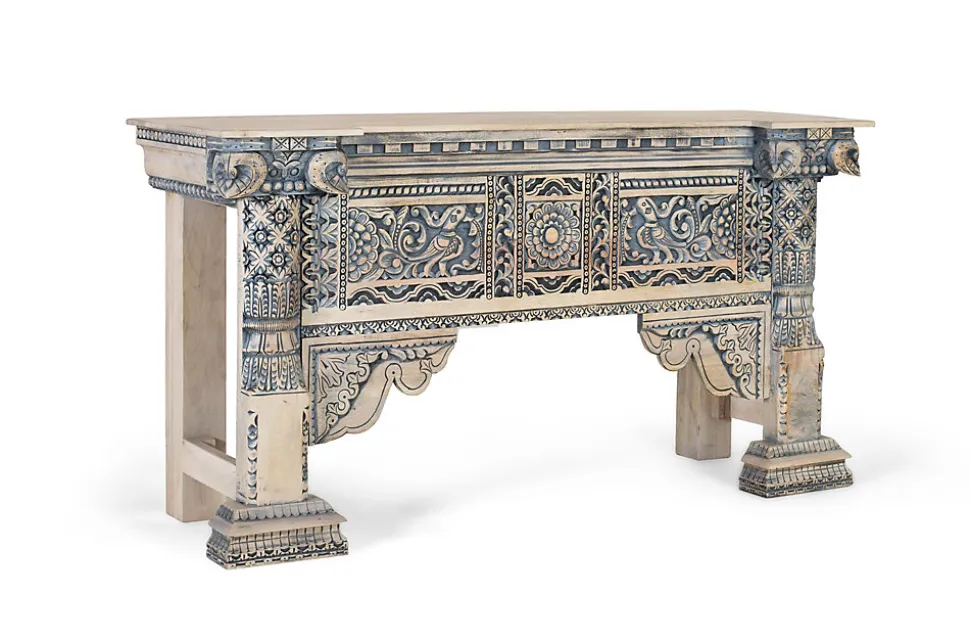 Console en bois de manguier avec colonnes sculptées à la main