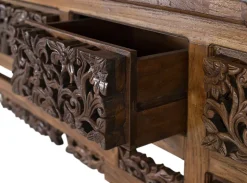 Console en bois de teck avec 5 tiroirs et pieds sculptés à la main