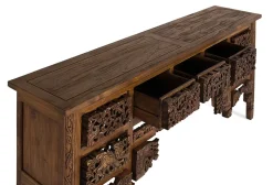 Console en bois de teck avec 5 tiroirs et pieds sculptés à la main