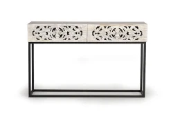 Console en manguier et pieds en métal vieilli noir et blanc