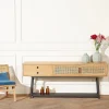 Console LALALA Style scandinave en chêne, cannage et métal, 2 portes, 1 tiroir