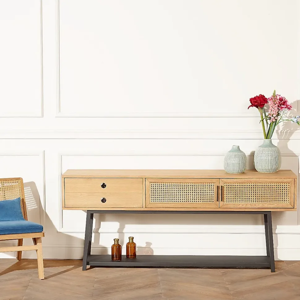 Console LALALA Style scandinave en chêne, cannage et métal, 2 portes, 1 tiroir