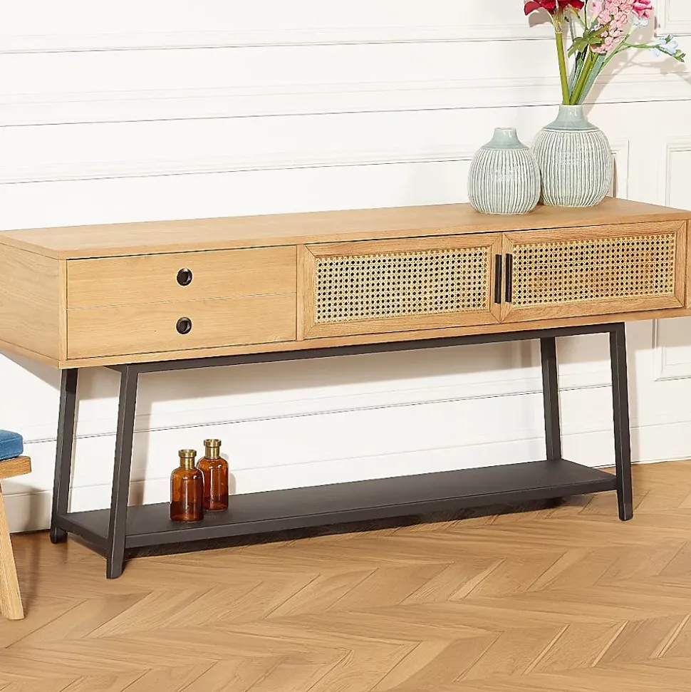 Console LALALA Style scandinave en chêne, cannage et métal, 2 portes, 1 tiroir