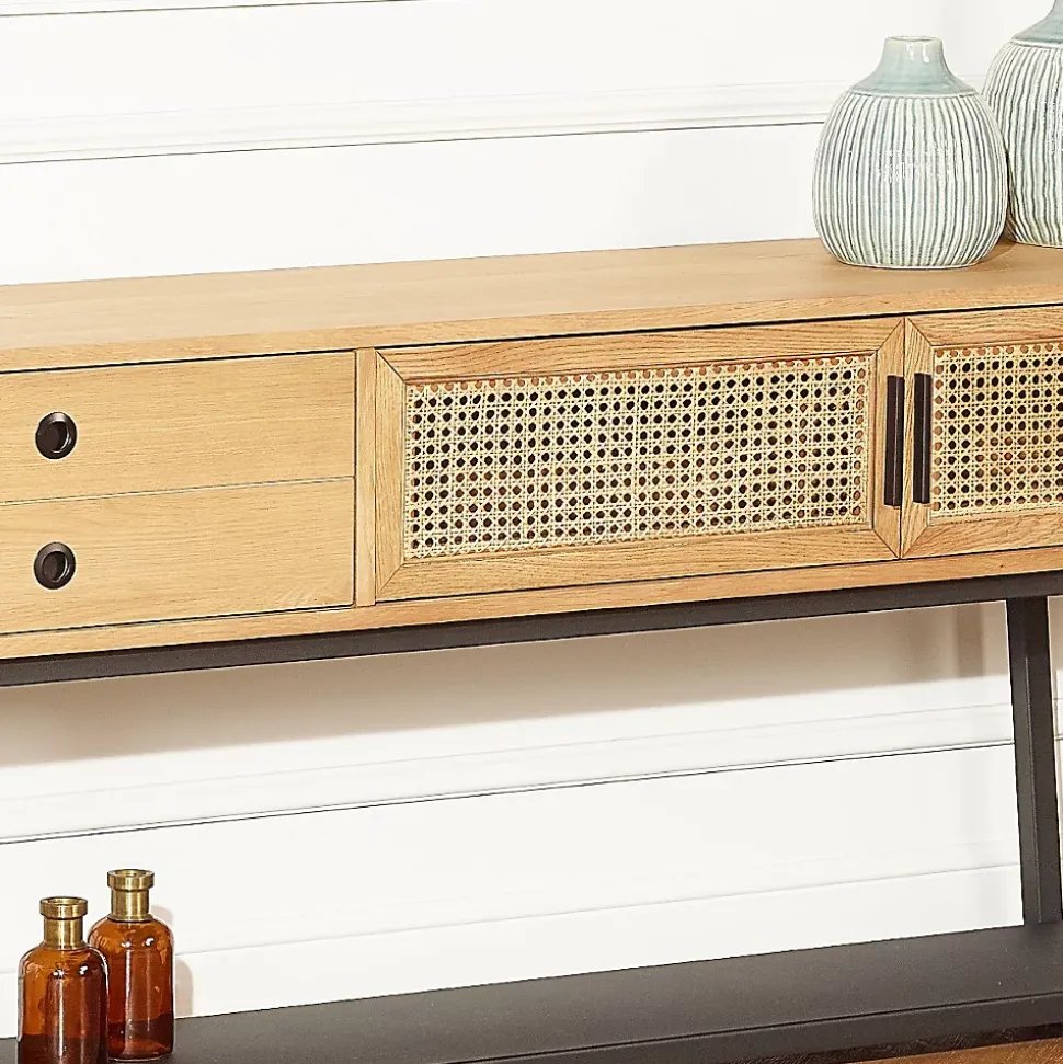 Console LALALA Style scandinave en chêne, cannage et métal, 2 portes, 1 tiroir