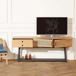 Console LALALA Style scandinave en chêne, cannage et métal, 2 portes, 1 tiroir