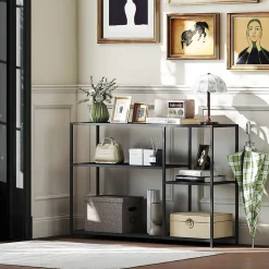 Console meuble d'entrée style industriel 4 étagères dim. 110 x 30 x 75 cm acier panneaux noir