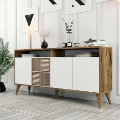 Console Scorpio, Table polyvalente, Armoire de rangement, Bureau du couloir, 160x35h79 cm, Noyer et Blanc