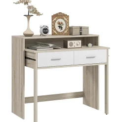 Console secrétaire 2 en 1 - plateau coulissant, 2 tiroirs - dim. 95L x 35P x 87H cm - blanc naturel