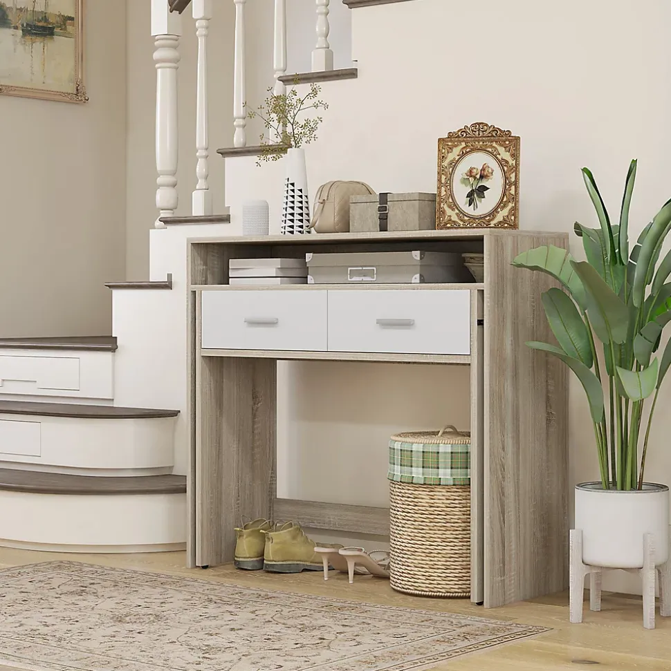 Console secrétaire 2 en 1 - plateau coulissant, 2 tiroirs - dim. 95L x 35P x 87H cm - blanc naturel