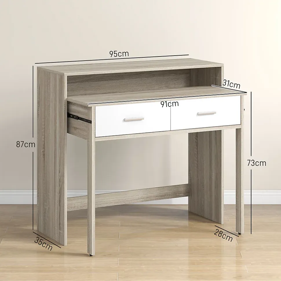 Console secrétaire 2 en 1 - plateau coulissant, 2 tiroirs - dim. 95L x 35P x 87H cm - blanc naturel